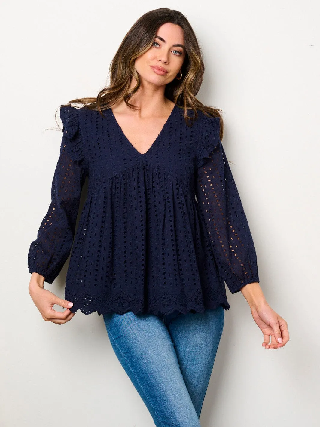 WOMEN'S LONG SLEEVE V-NECK RUFFLE EYELET BLOUSE TOP