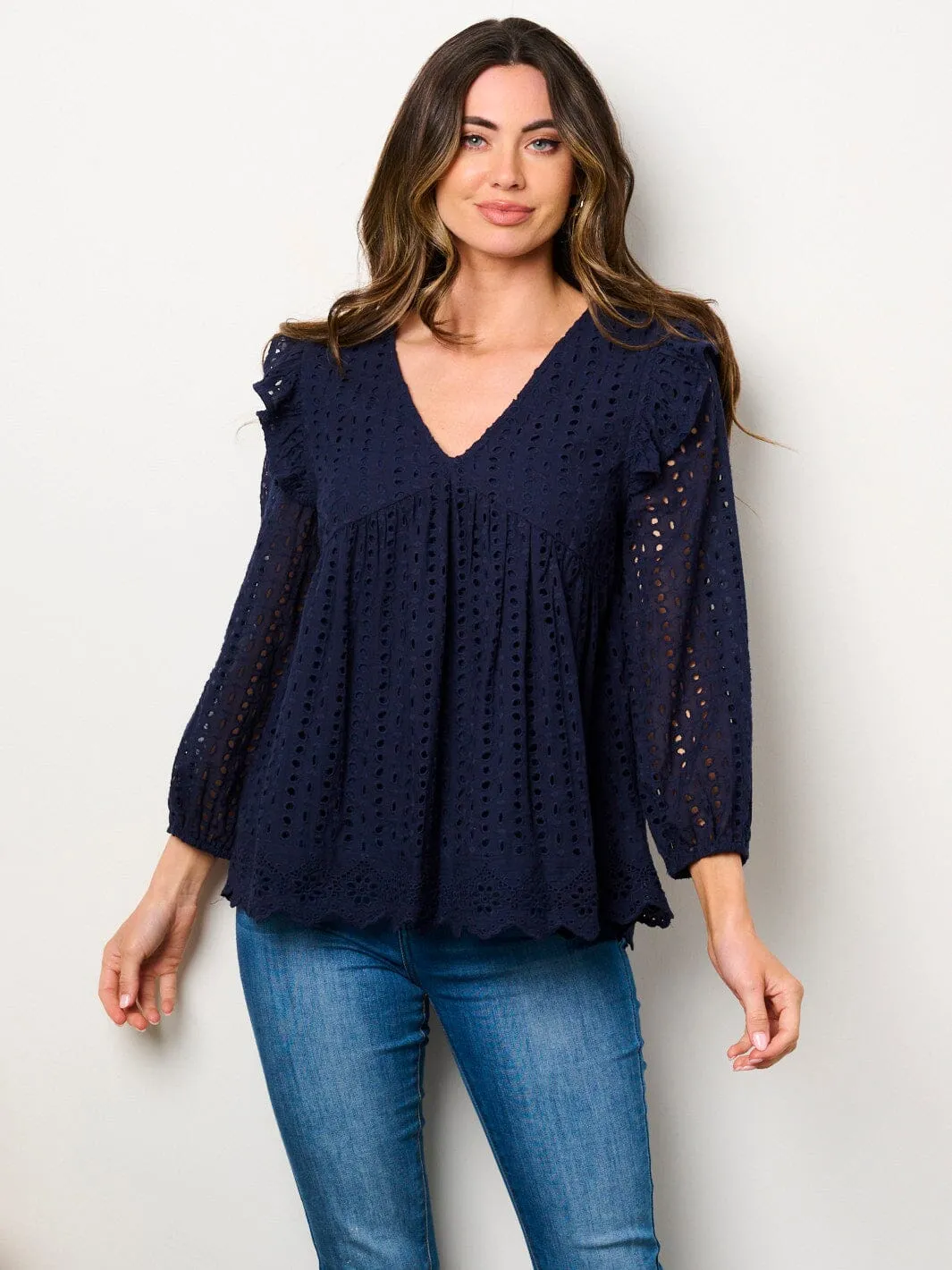 WOMEN'S LONG SLEEVE V-NECK RUFFLE EYELET BLOUSE TOP
