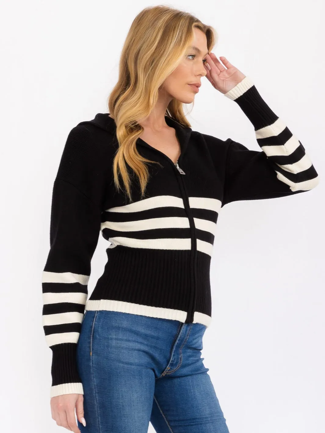 WOMEN'S LONG SLEEVE ZIP UP COLORBLOCK STRIPES SWEATER