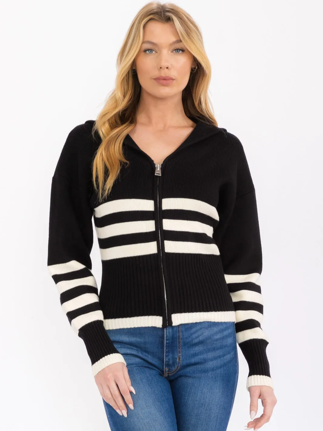 WOMEN'S LONG SLEEVE ZIP UP COLORBLOCK STRIPES SWEATER