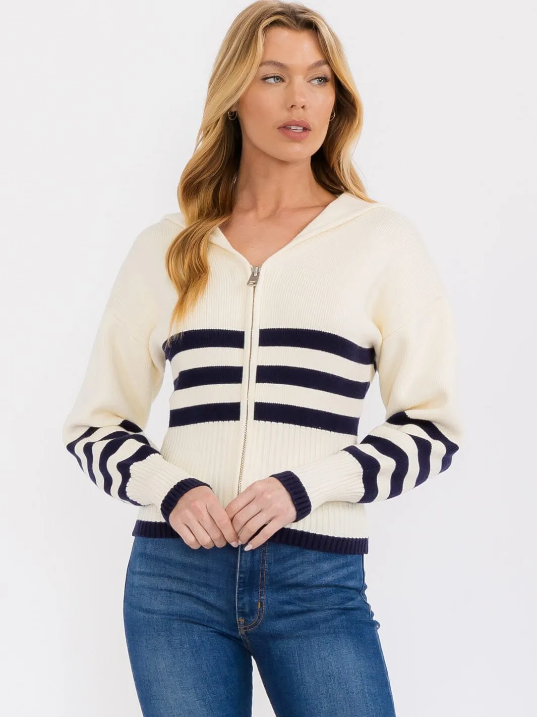 WOMEN'S LONG SLEEVE ZIP UP COLORBLOCK STRIPES SWEATER