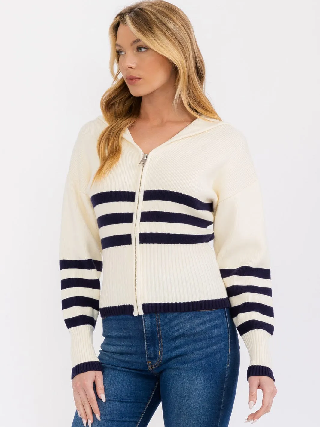 WOMEN'S LONG SLEEVE ZIP UP COLORBLOCK STRIPES SWEATER