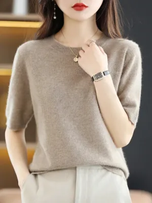 Women's Merino Wool O-Neck Knitwear Short Sleeve Sweaters