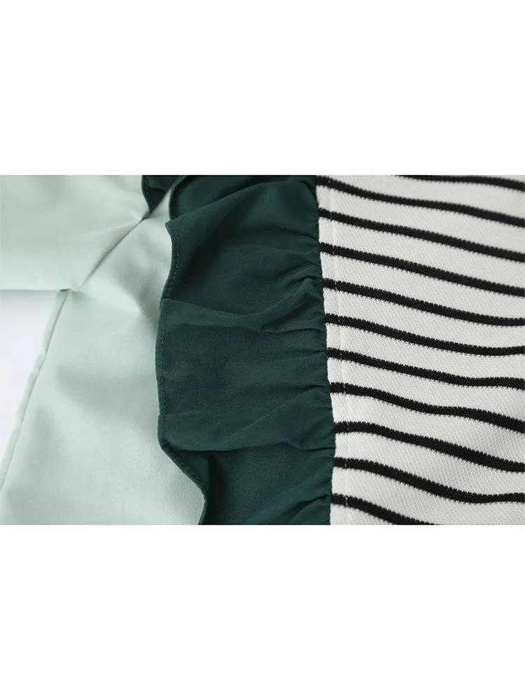 Women's Shirt Chic Vintage Blouses Casual Polo-Neck Long Sleeve Loose Female Striped Patchwork Blouses Fake Two Pieces