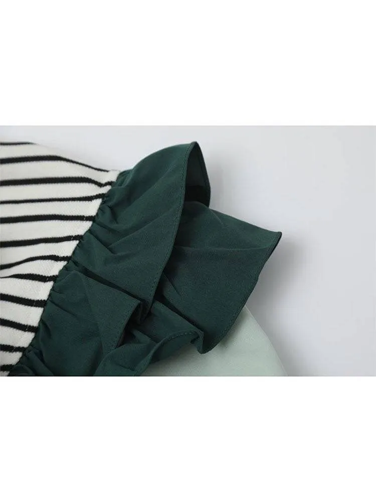 Women's Shirt Chic Vintage Blouses Casual Polo-Neck Long Sleeve Loose Female Striped Patchwork Blouses Fake Two Pieces