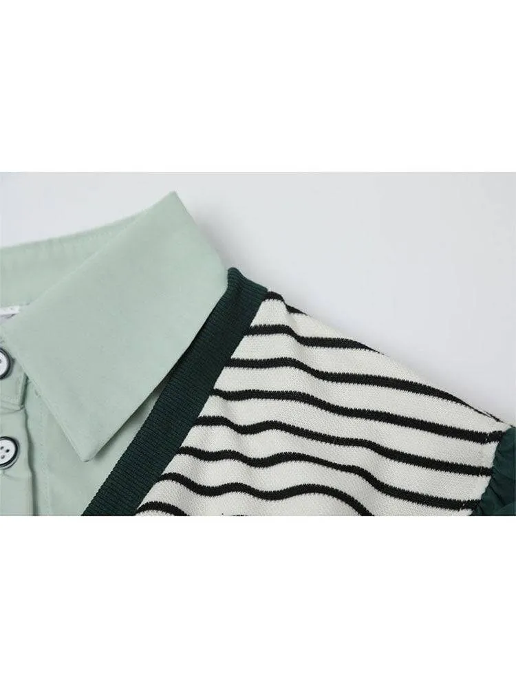 Women's Shirt Chic Vintage Blouses Casual Polo-Neck Long Sleeve Loose Female Striped Patchwork Blouses Fake Two Pieces