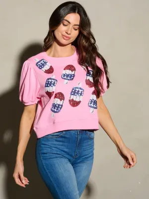WOMEN'S SHORT PUFF SLEEVE ICE CREAM SEQUINS PRINT BLOUSE TOP