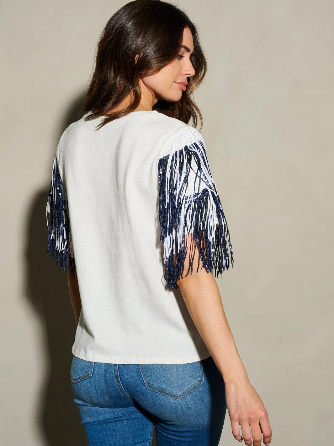 WOMEN'S SHORT SEQUINS FRINGE SLEEVE BLOUSE TOP