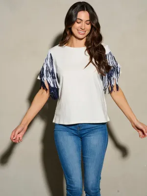 WOMEN'S SHORT SEQUINS FRINGE SLEEVE BLOUSE TOP