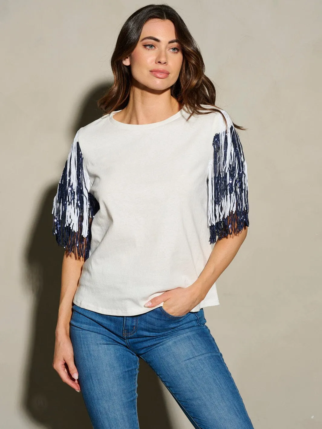 WOMEN'S SHORT SEQUINS FRINGE SLEEVE BLOUSE TOP