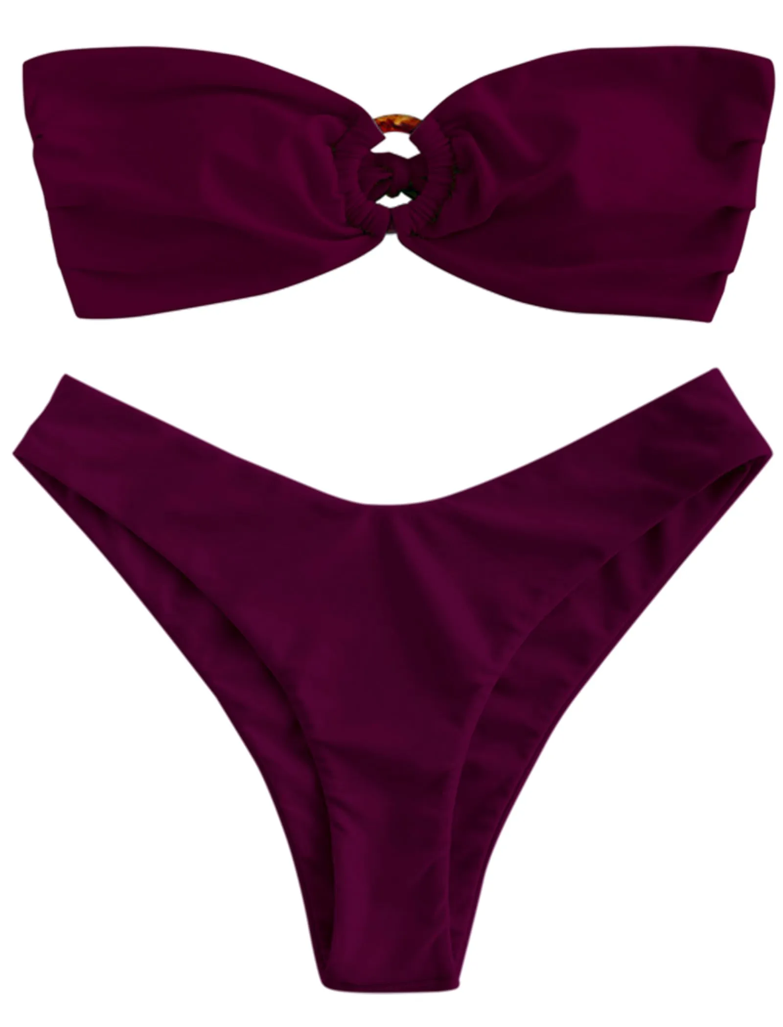 ZAFUL Women's Bandeau Bikini O Ring Strapless Tie Back High Cut Two Piece Swimsuit Bathing Suits (1-Plum Pie, S)